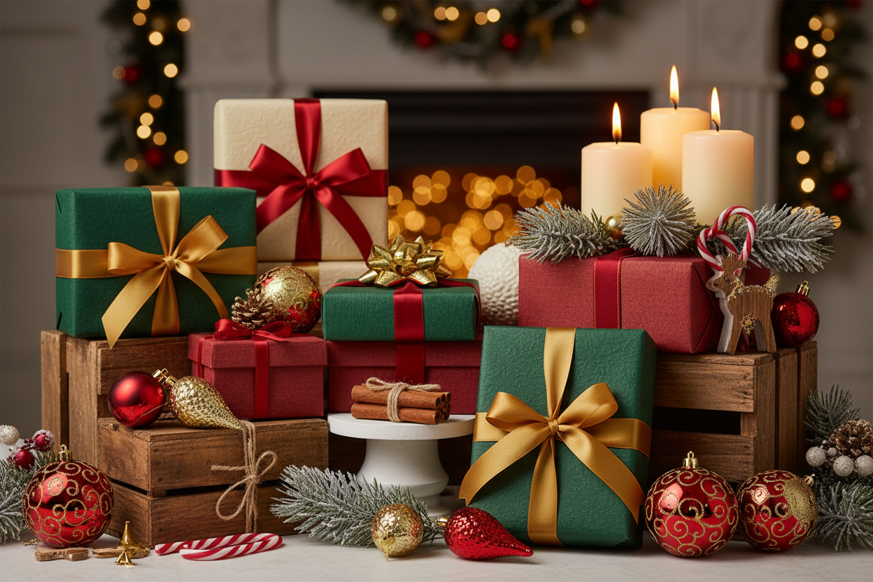 generate a hero-banner image for "christmas related products" to place on hero section full screen on show products in home. make sure don't write any text on visuals